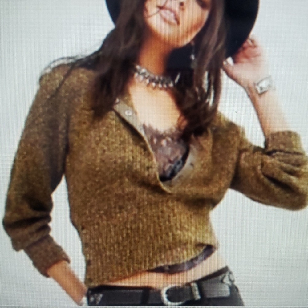 Free People Henley Cropped Sweater Wool Blend Sm